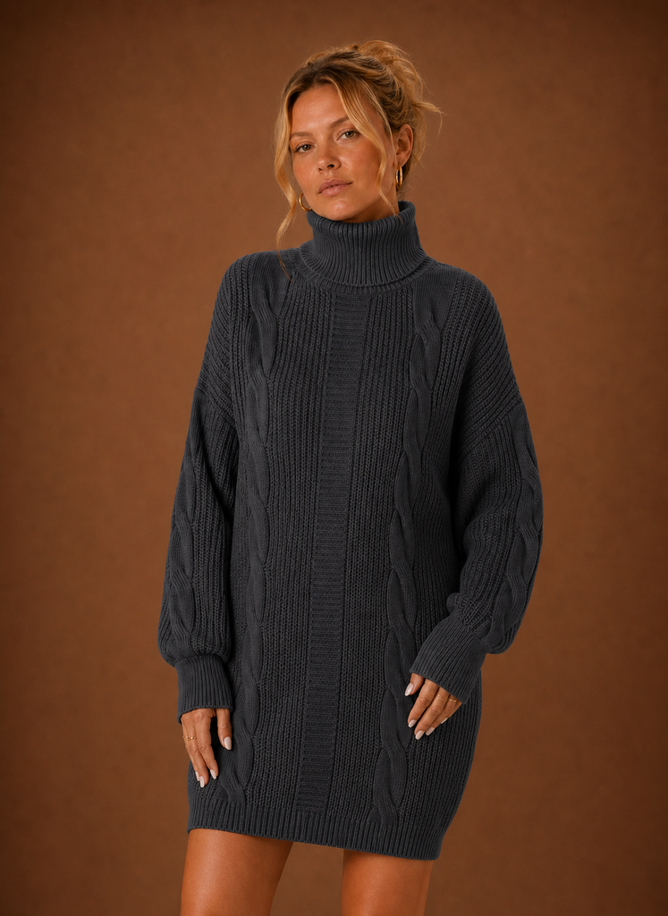 Women's Turtleneck Knit Sweater Dress – Dark Grey
