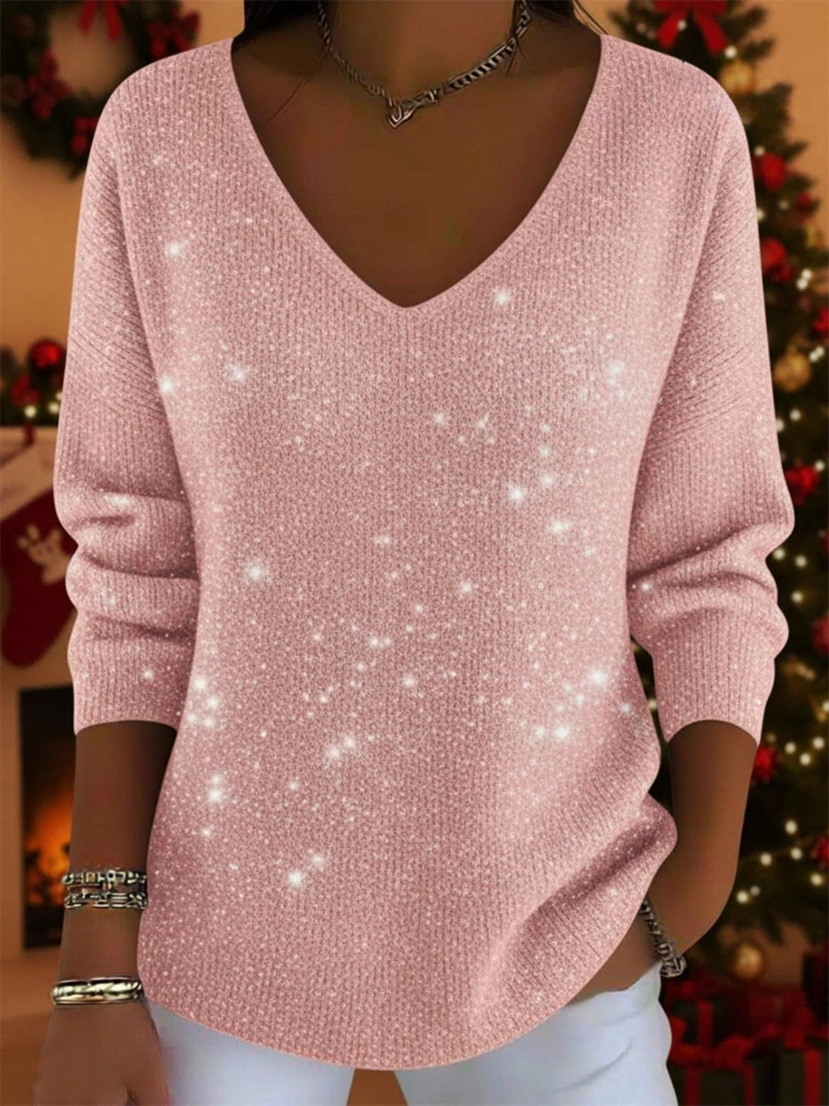 Women's All-Over Sparkle V-Neck Party Jumper – Pink