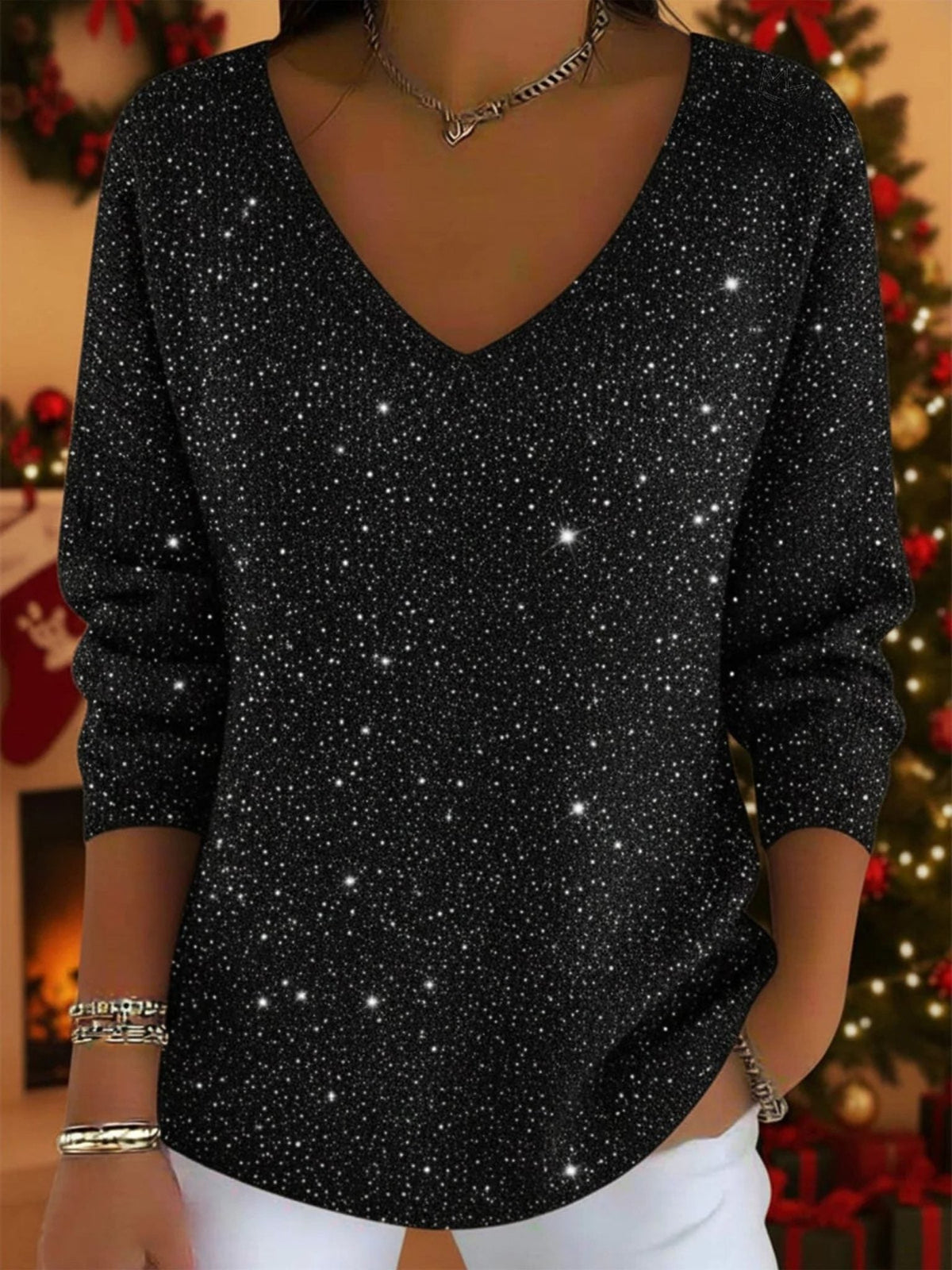 Women's All-Over Sparkle V-Neck Party Jumper – Black
