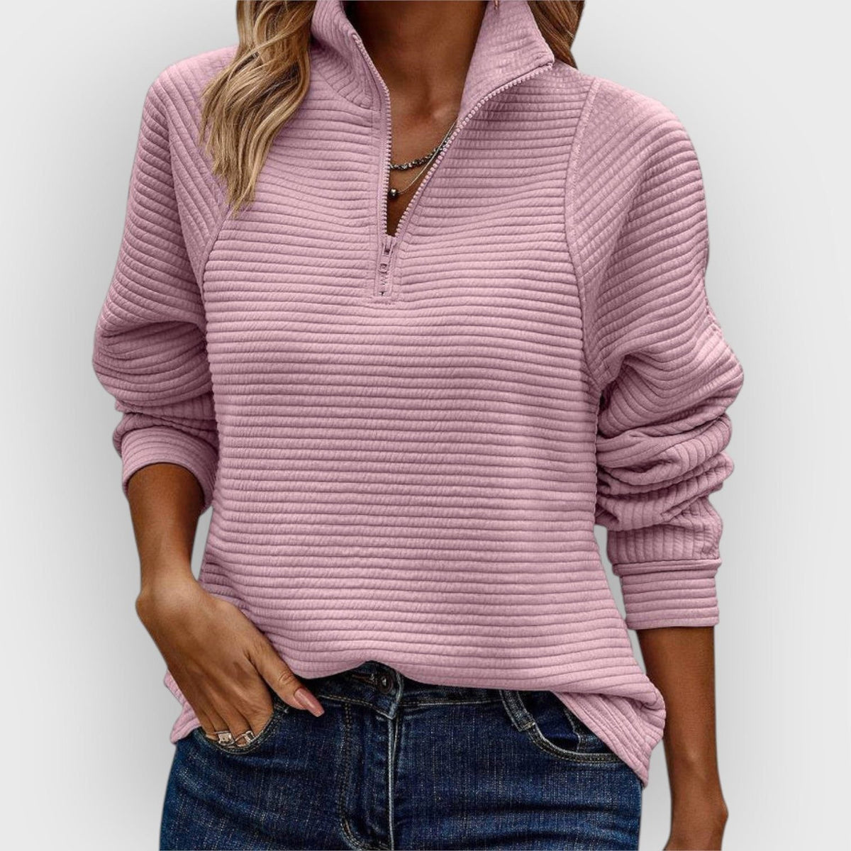 Women's V-Neck Zip Front Ribbed Jumper – Light Pink