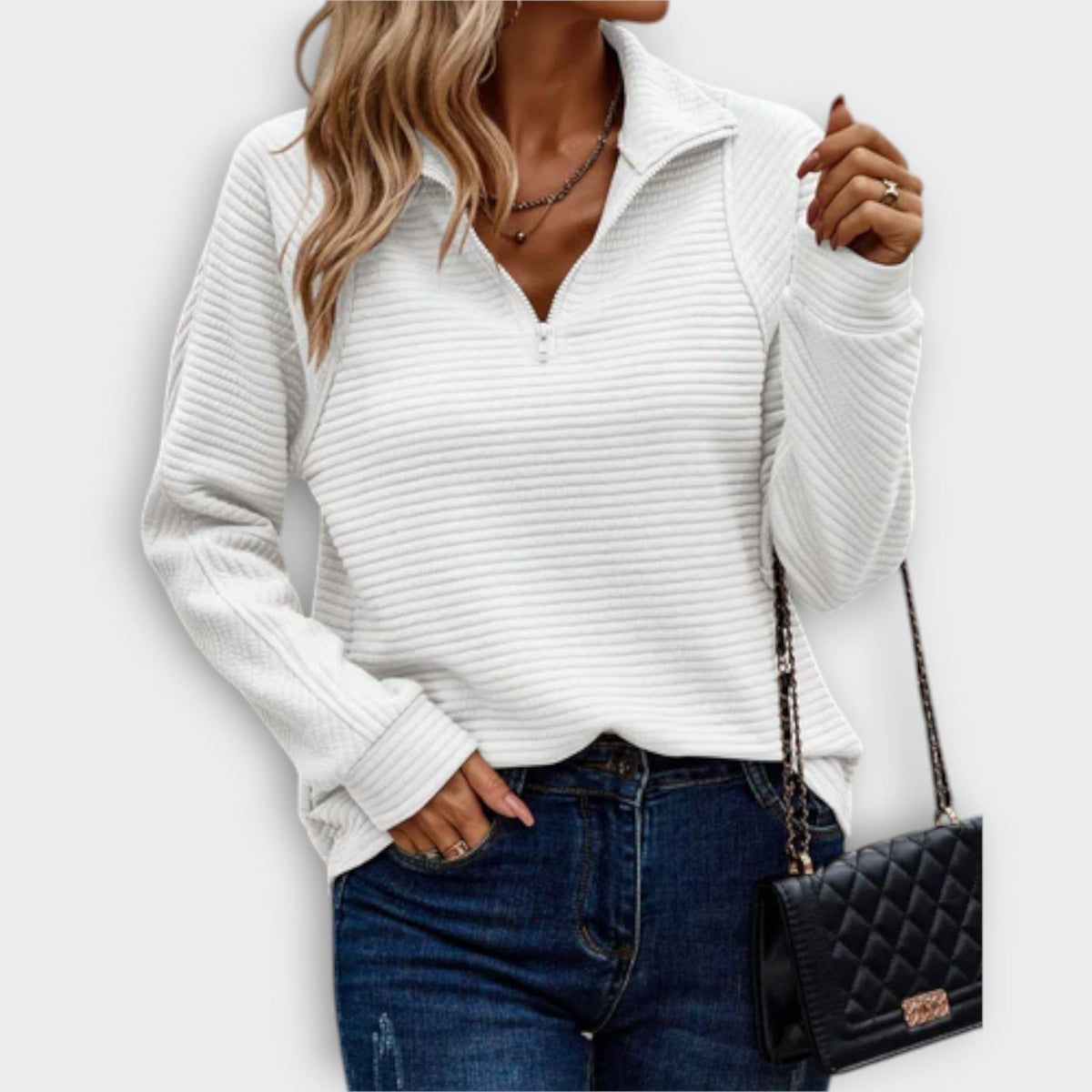 Women's V-Neck Zip Front Ribbed Jumper – White