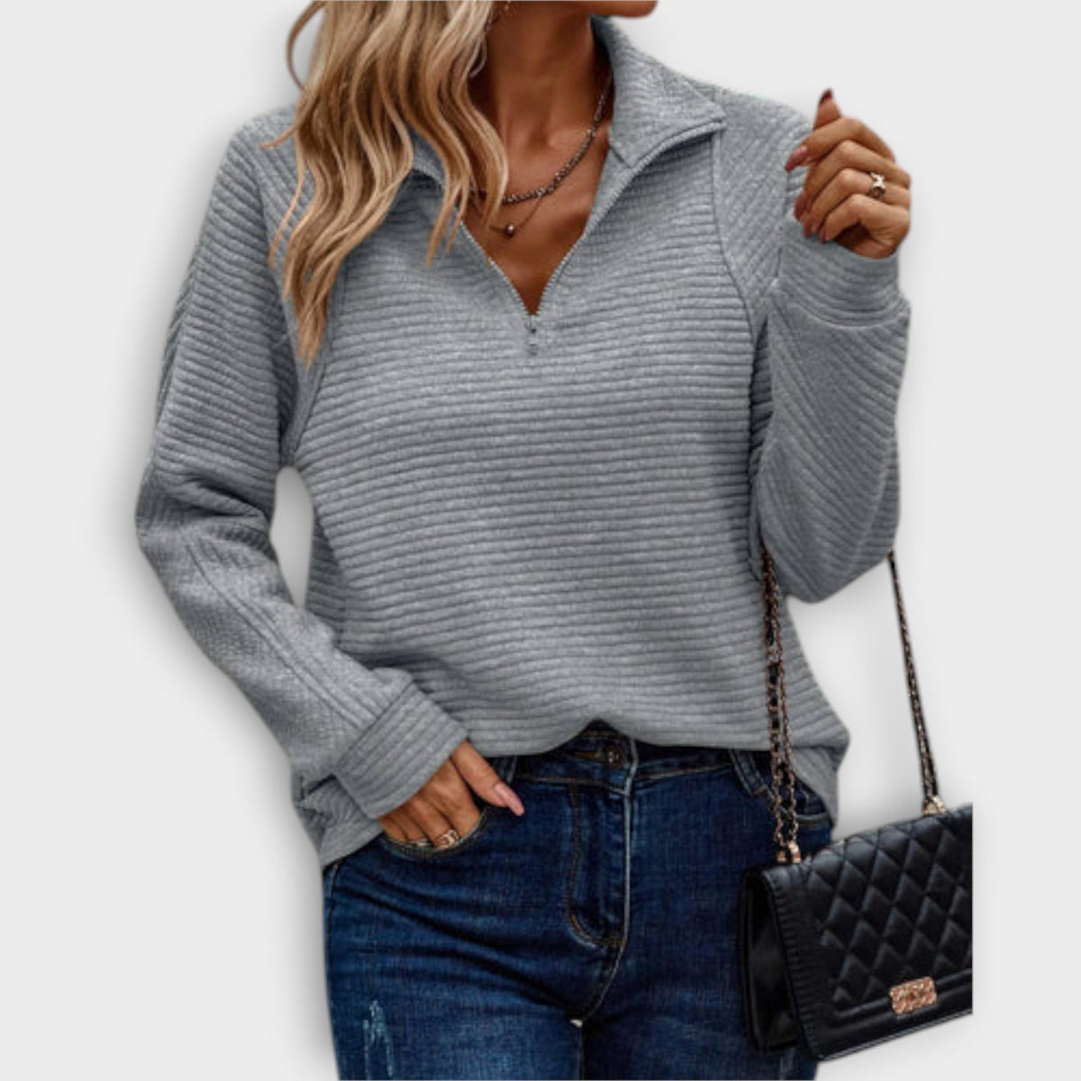 Women's V-Neck Zip Front Ribbed Jumper – Grey
