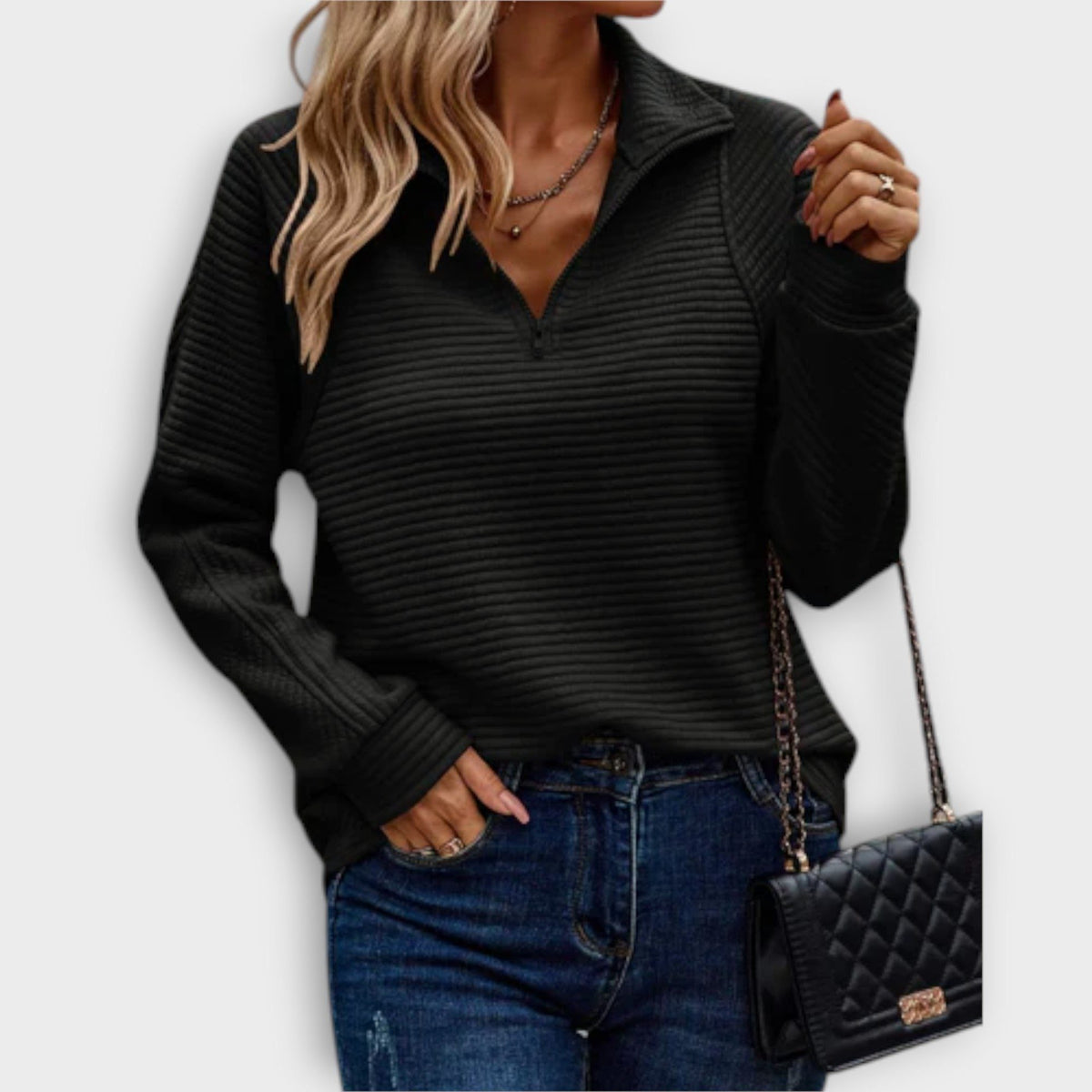 Women's V-Neck Zip Front Ribbed Jumper – Black