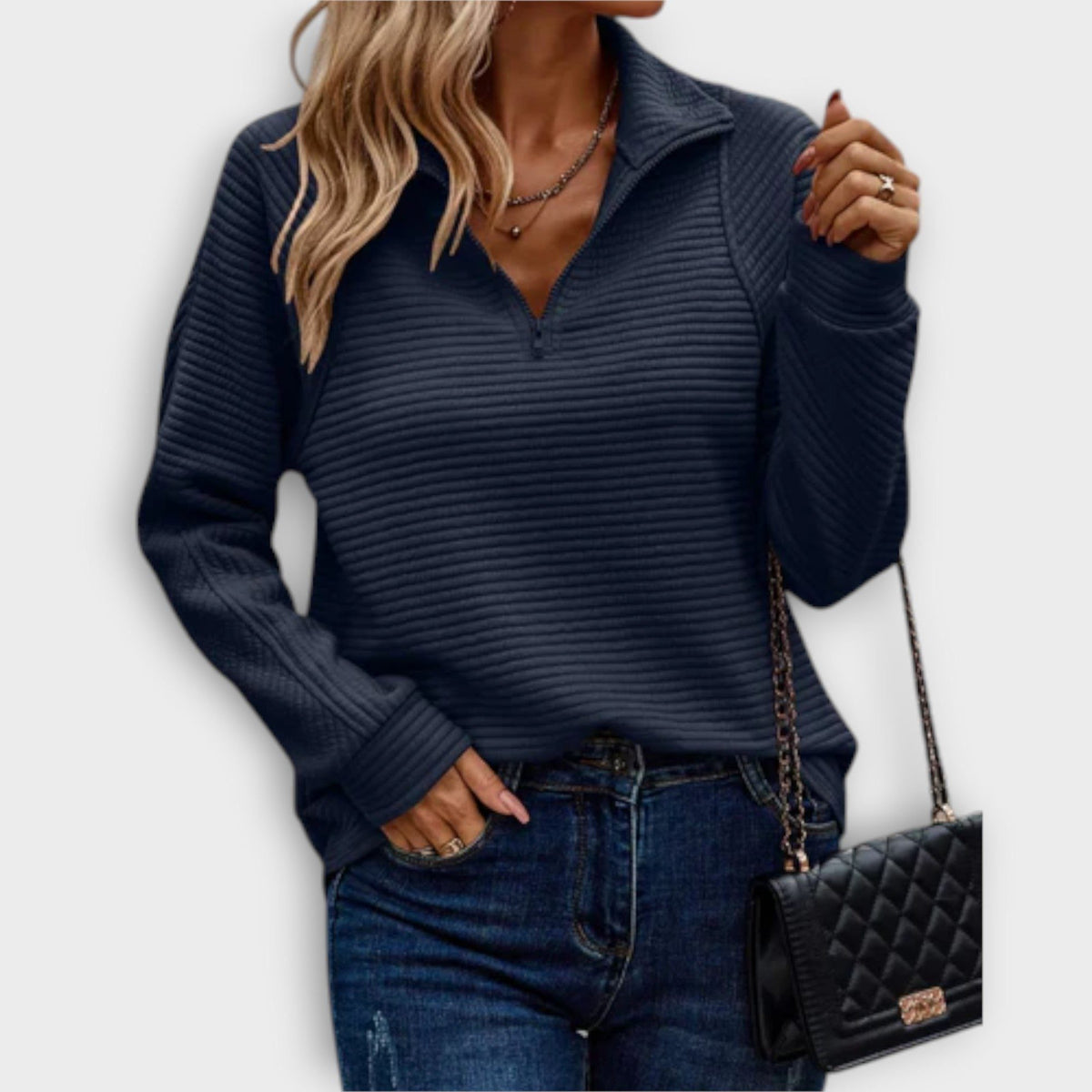 Women's V-Neck Zip Front Ribbed Jumper – Blue