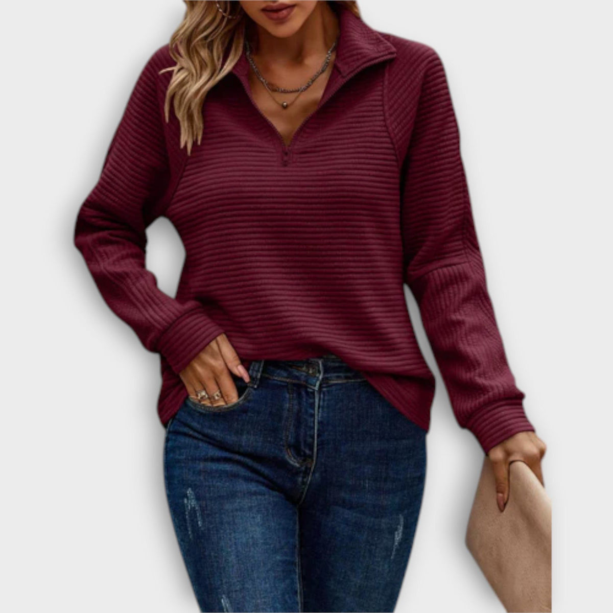 Women's V-Neck Zip Front Ribbed Jumper – Red