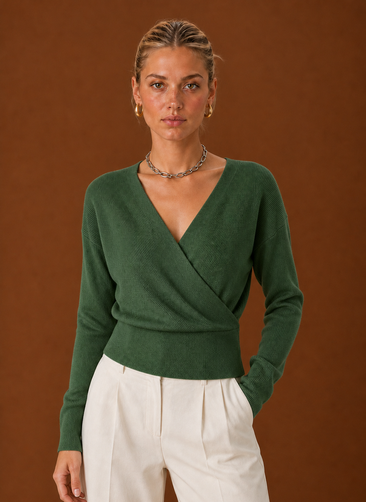 Women's Cropped Wrap Jumper with Ribbed V-Neck – Green