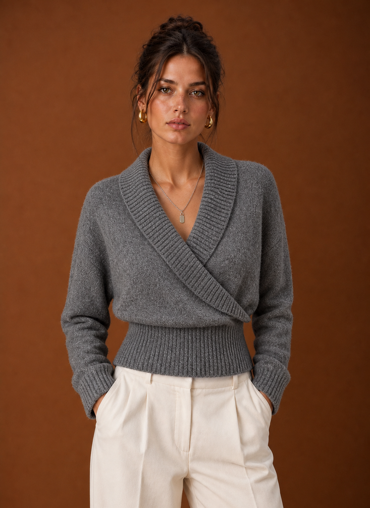 Women's Shawl-Collar Ribbed Wrap Jumper – Grey