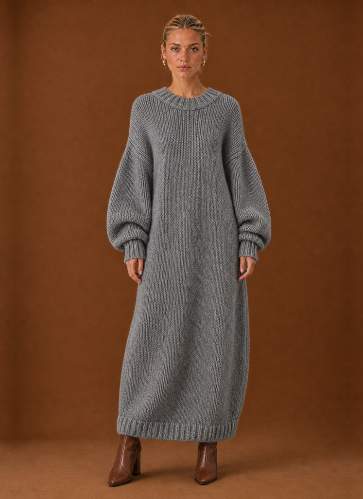 Women's Oversized Chunky Knit Maxi Sweater Dress with Balloon Sleeves – Grey