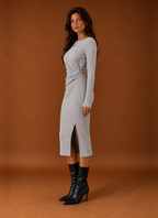 Women's Ribbed Twist-Front Bodycon Midi Sweater Dress with Slit