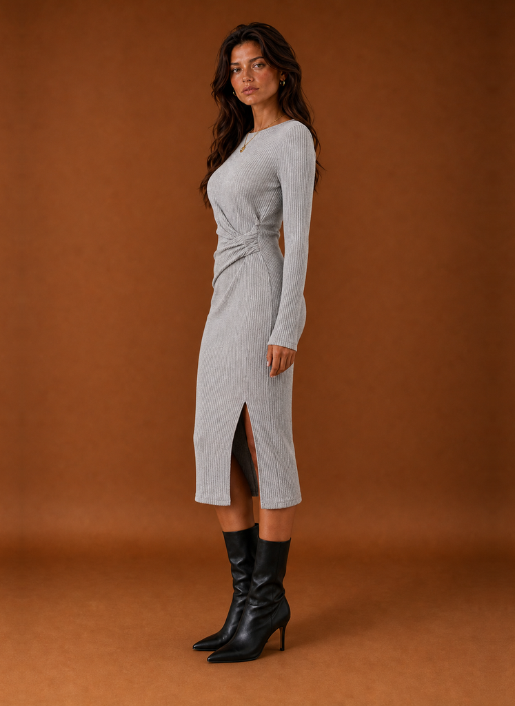 Women's Ribbed Twist-Front Bodycon Midi Sweater Dress with Slit