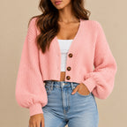 Women's Cropped V-Neck Knit Cardigan with Buttons & Balloon Sleeves – Blush Pink