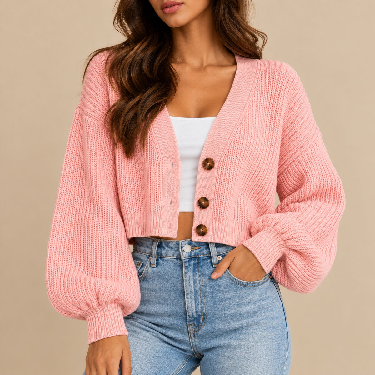 Women's Cropped V-Neck Knit Cardigan with Buttons & Balloon Sleeves – Blush Pink
