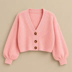 Women's Cropped V-Neck Knit Cardigan with Buttons & Balloon Sleeves – Blush Pink – Blush Pink