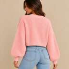 Women's Cropped V-Neck Knit Cardigan with Buttons & Balloon Sleeves – Blush Pink