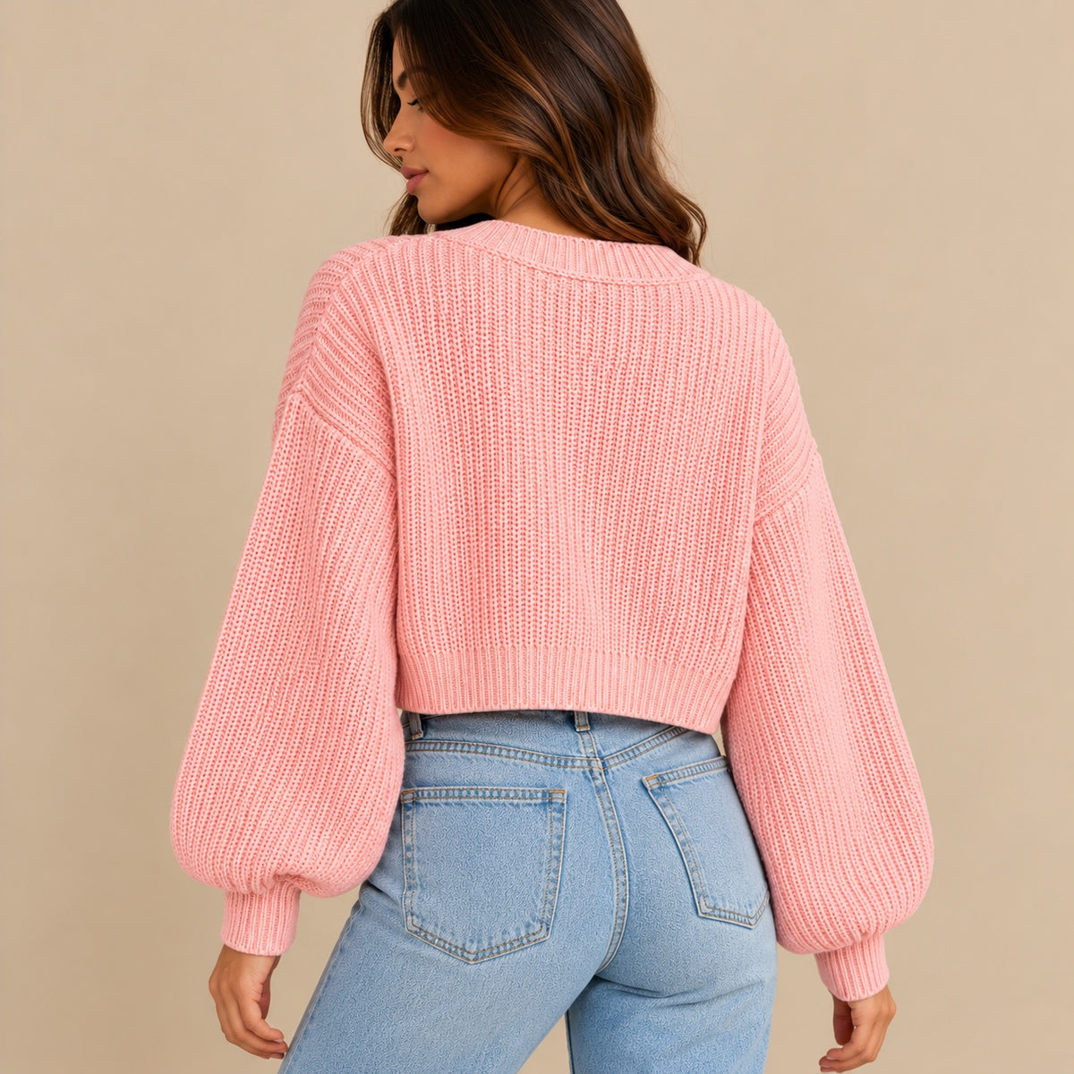 Women's Cropped V-Neck Knit Cardigan with Buttons & Balloon Sleeves – Blush Pink