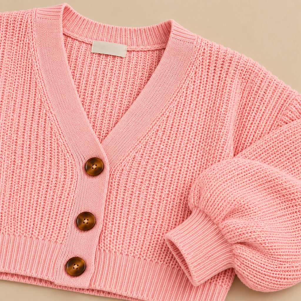 Women's Cropped V-Neck Knit Cardigan with Buttons & Balloon Sleeves – Blush Pink