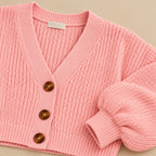 Women's Cropped V-Neck Knit Cardigan with Buttons & Balloon Sleeves – Blush Pink