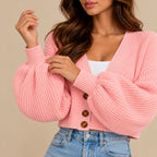 Women's Cropped V-Neck Knit Cardigan with Buttons & Balloon Sleeves – Blush Pink