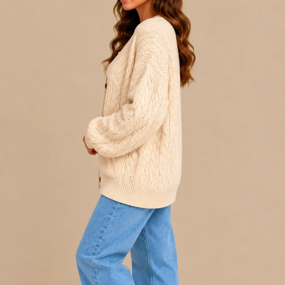 Women's Oversized V-Neck Cable Knit Cardigan with Buttons & Pockets – Cream