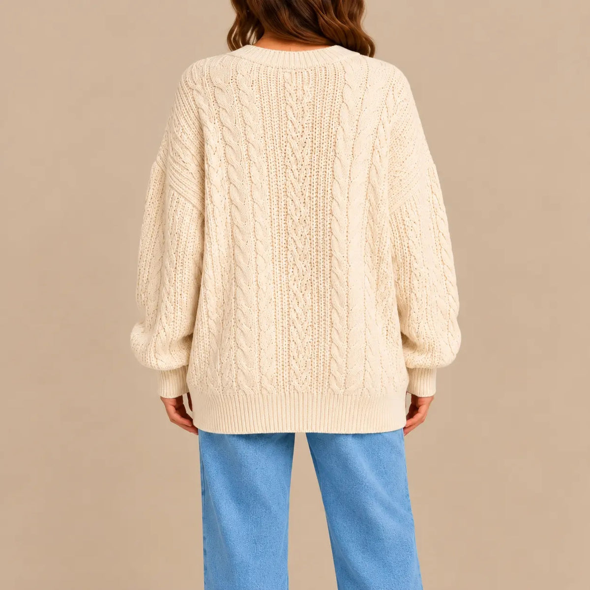Women's Oversized V-Neck Cable Knit Cardigan with Buttons & Pockets – Cream