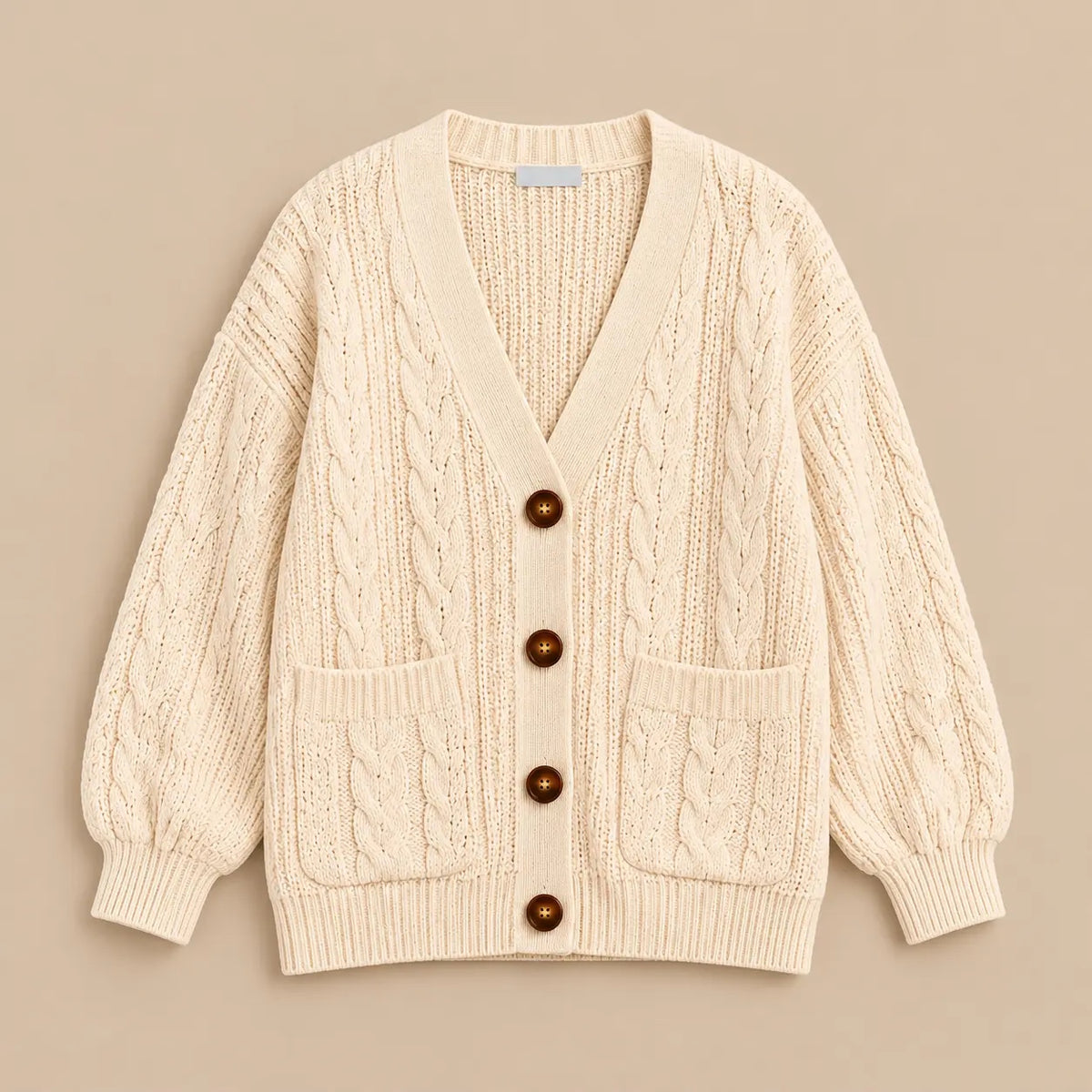 Women's Oversized V-Neck Cable Knit Cardigan with Buttons & Pockets – Cream – Cream