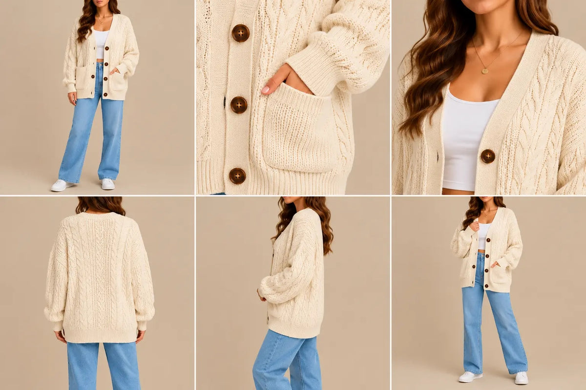 Women's Oversized V-Neck Cable Knit Cardigan with Buttons & Pockets – Cream