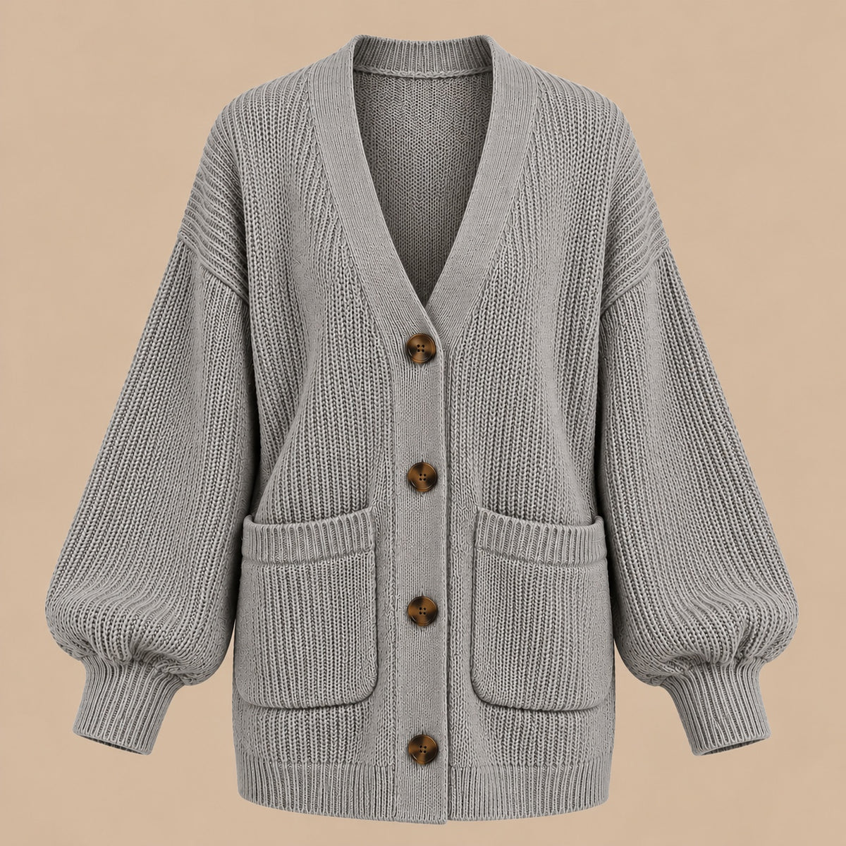 Women's oversized textured knit cardigan in grey – flat lay front view