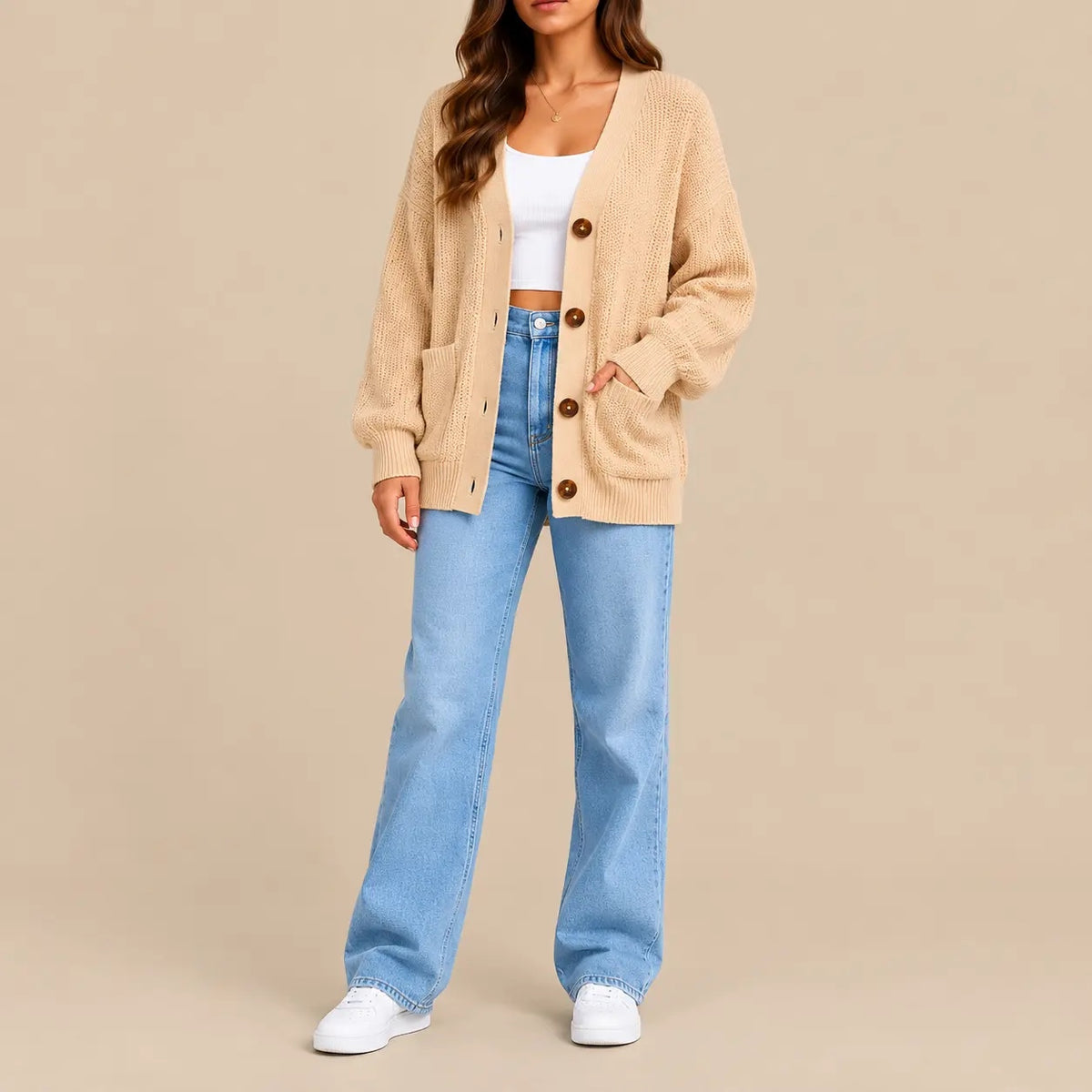 Women's oversized textured knit cardigan in oatmeal – full-length front view