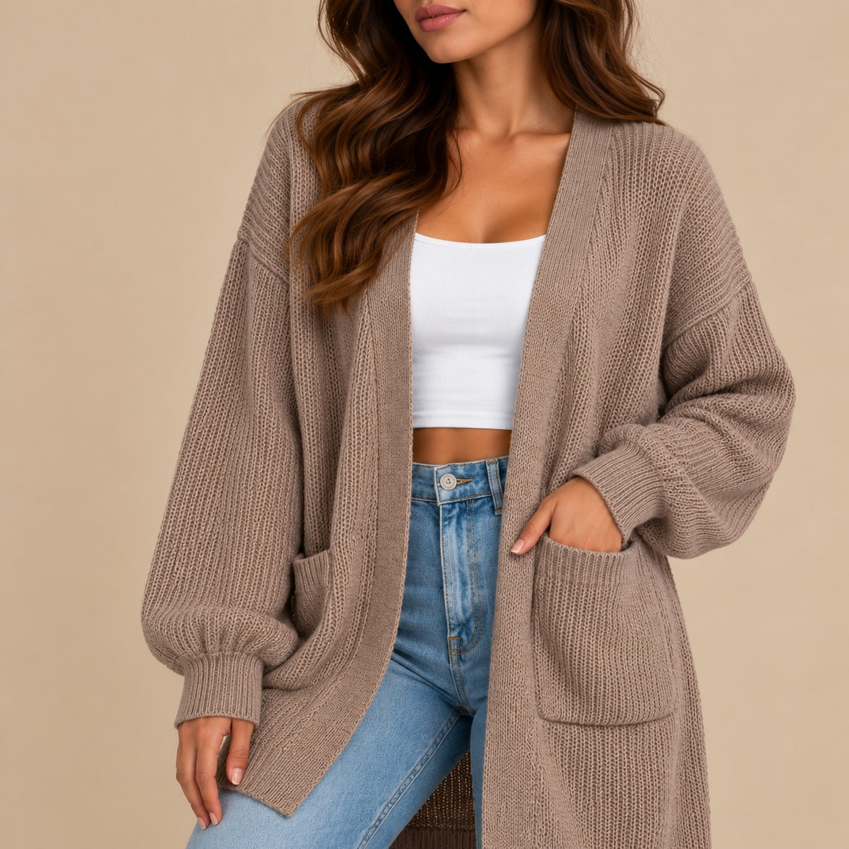 Women's Longline Open-Front Knit Cardigan with Patch Pockets – Taupe