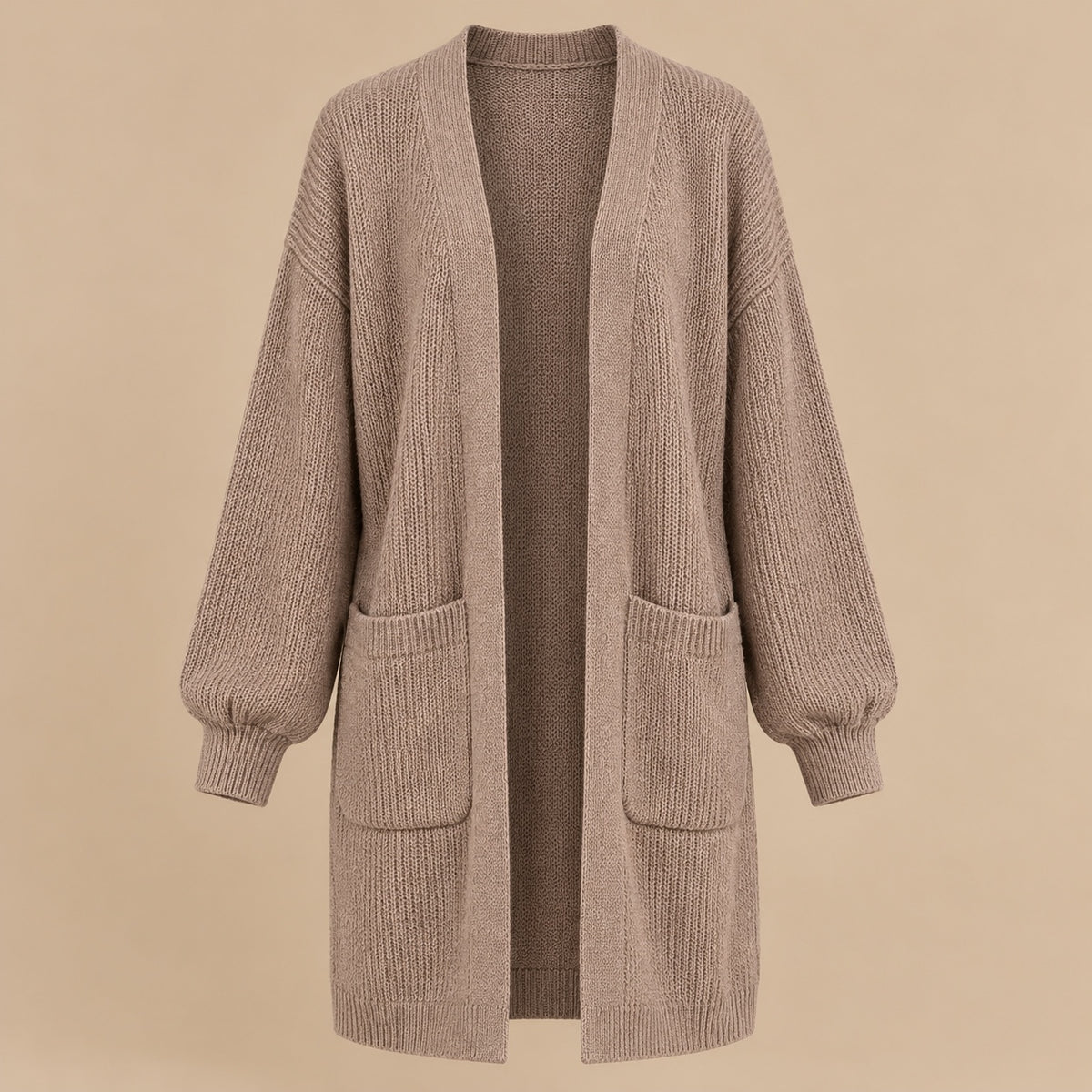 Women's Longline Open-Front Knit Cardigan with Patch Pockets – Taupe – Taupe