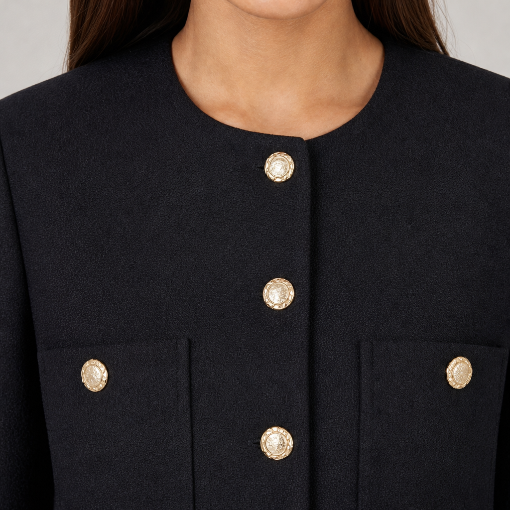 Women's cropped jacket with gold buttons and pocket detail in black – detail close-up