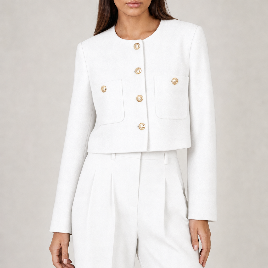 Women's cropped jacket with gold buttons and pocket detail in white – front view