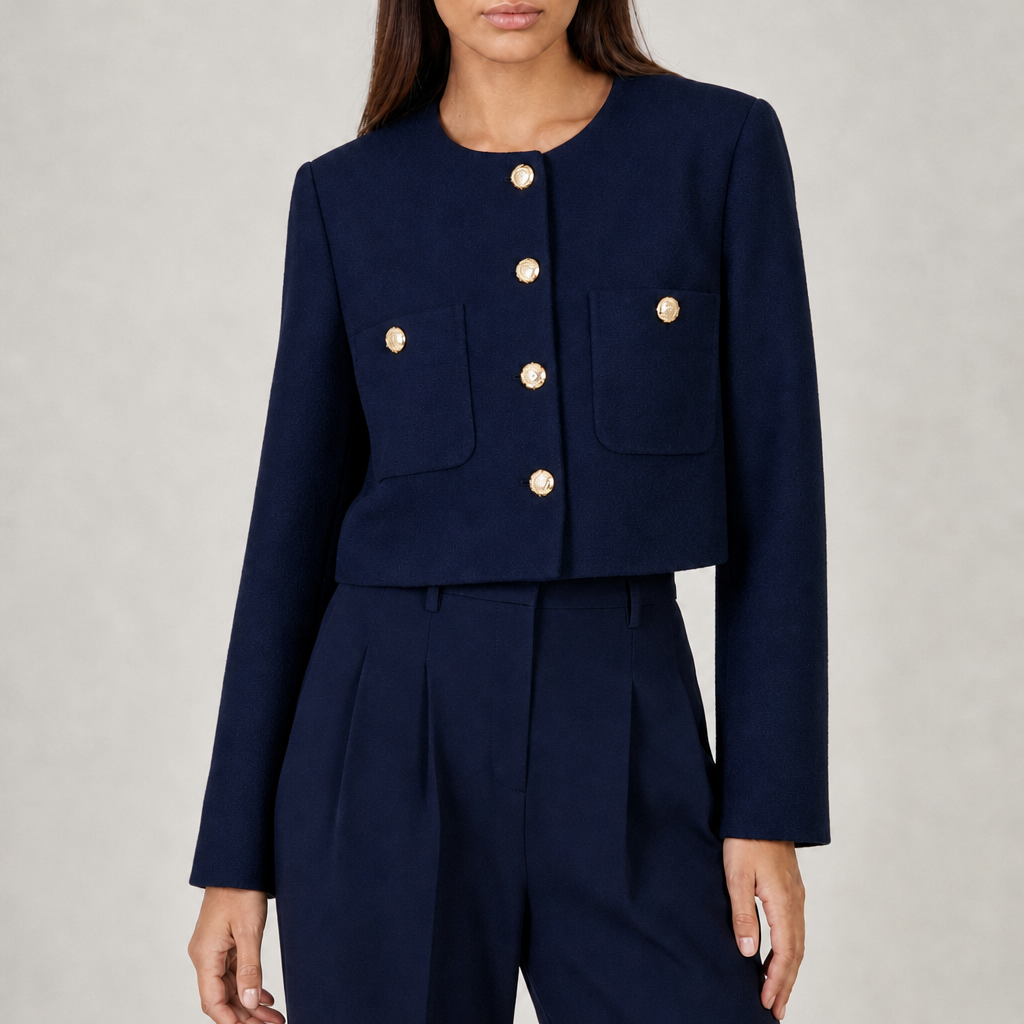 Women's cropped jacket with gold buttons and pocket detail in navy blue – front view