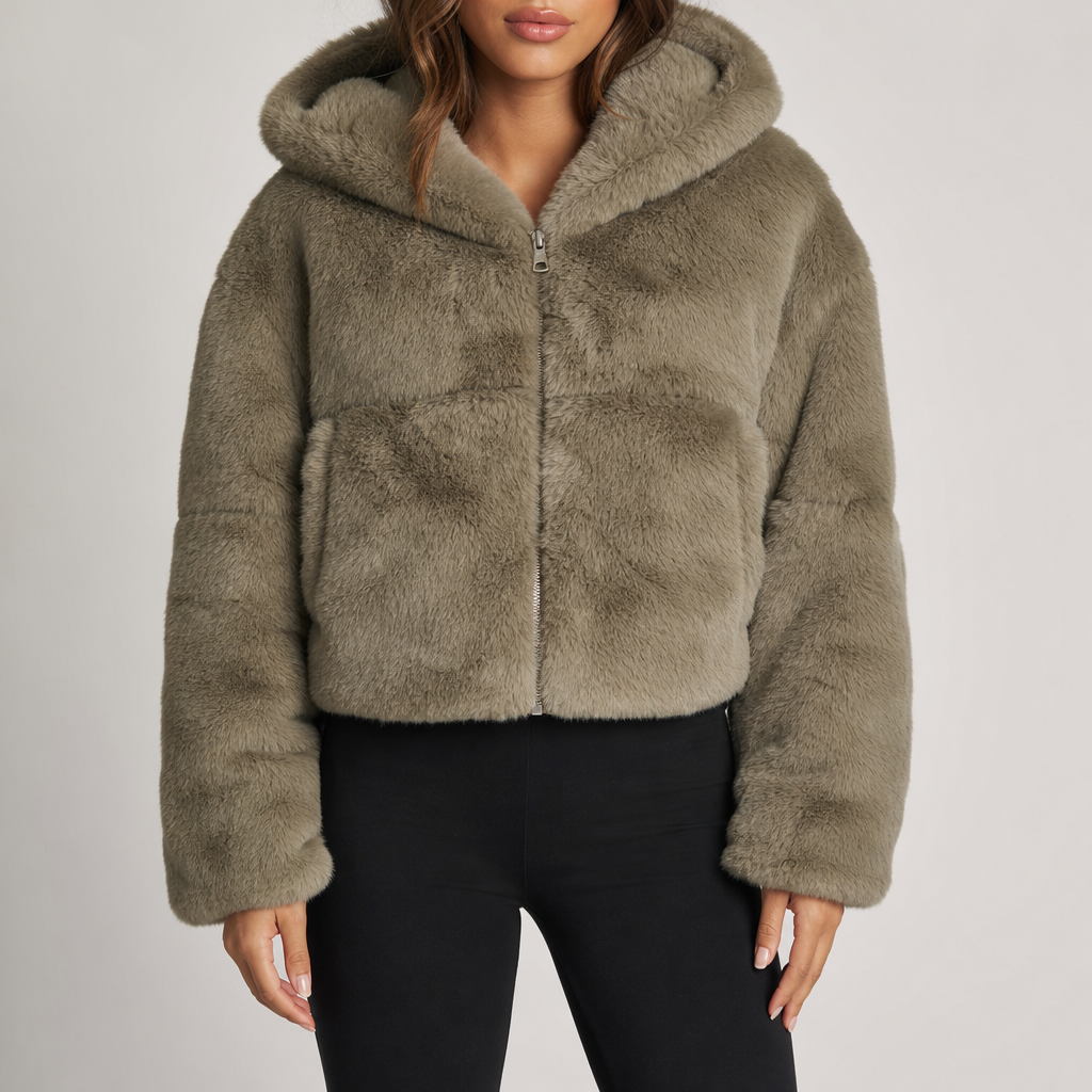 Women's cropped plush faux fur hooded jacket in khaki – front view