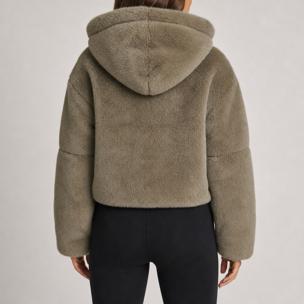 Women's cropped plush faux fur hooded jacket in khaki – back view