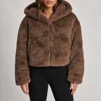 Women's cropped plush faux fur hooded jacket in brown – front view