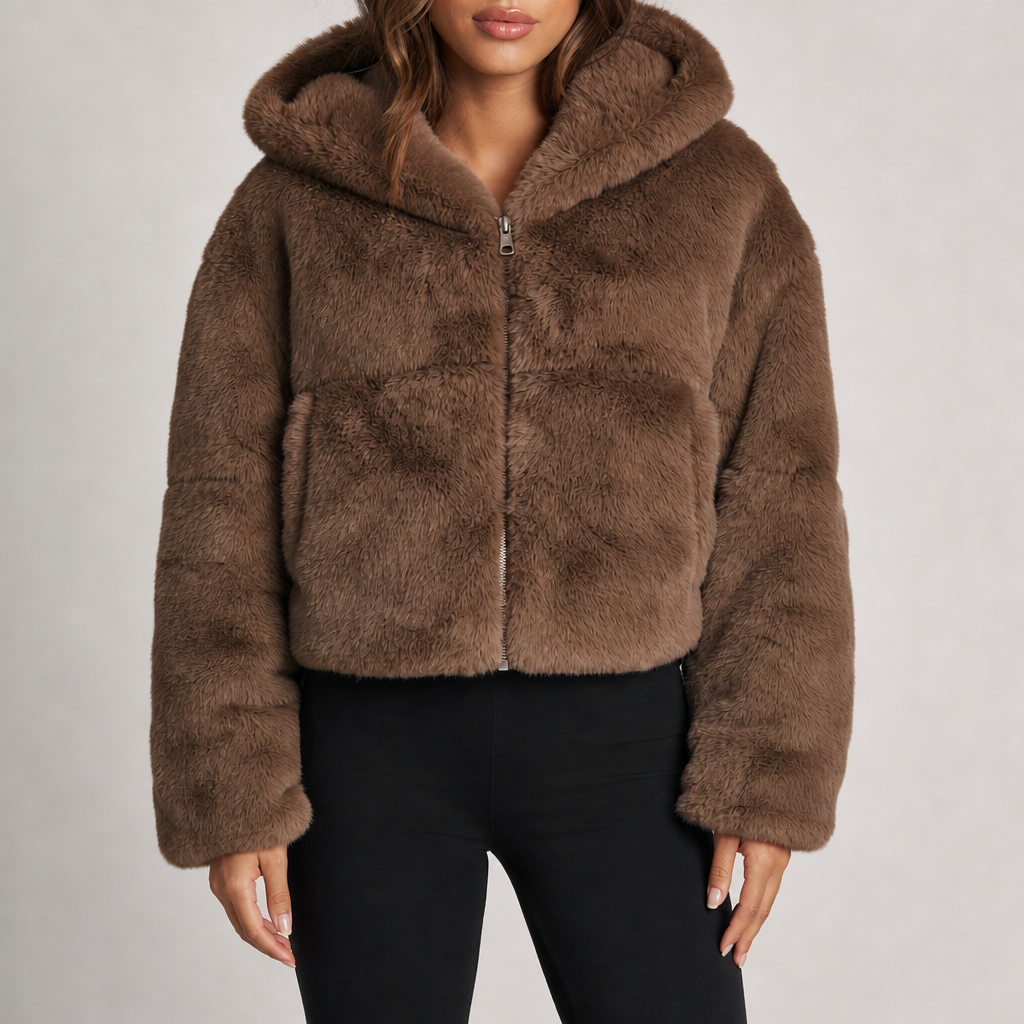 Women's cropped plush faux fur hooded jacket in brown – front view
