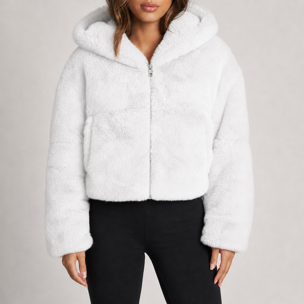 Women's cropped plush faux fur hooded jacket in white – front view