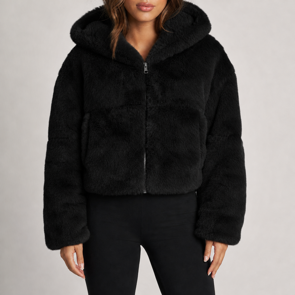 Women's cropped plush faux fur hooded jacket in black – front view