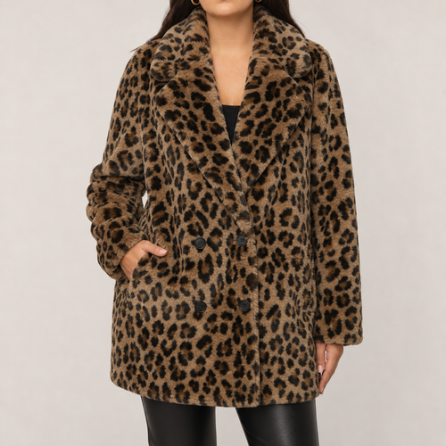 Women's faux fur leopard print coat with long lapel collar in brown leopard – front view