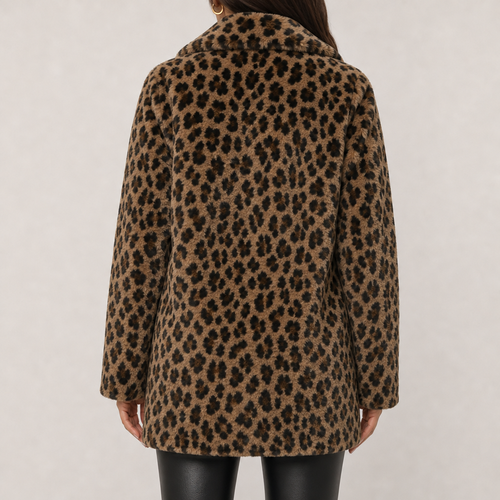 Women's faux fur leopard print coat with long lapel collar in brown leopard – back view