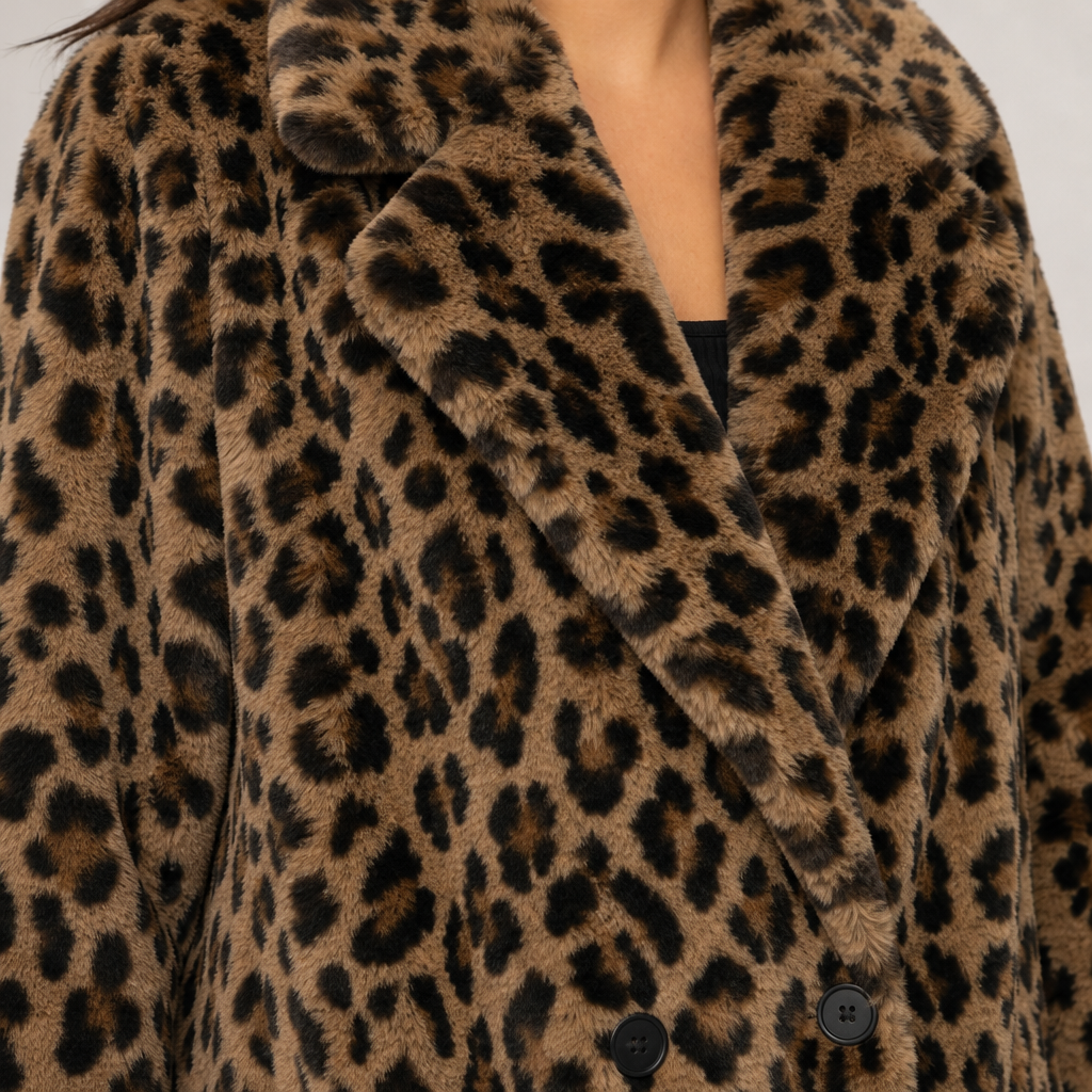 Women's faux fur leopard print coat with long lapel collar in brown leopard – detail close-up