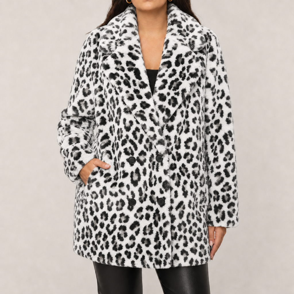 Women's faux fur leopard print coat with long lapel collar in white leopard – front view