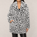 Women's faux fur leopard print coat with long lapel collar in white leopard – front view