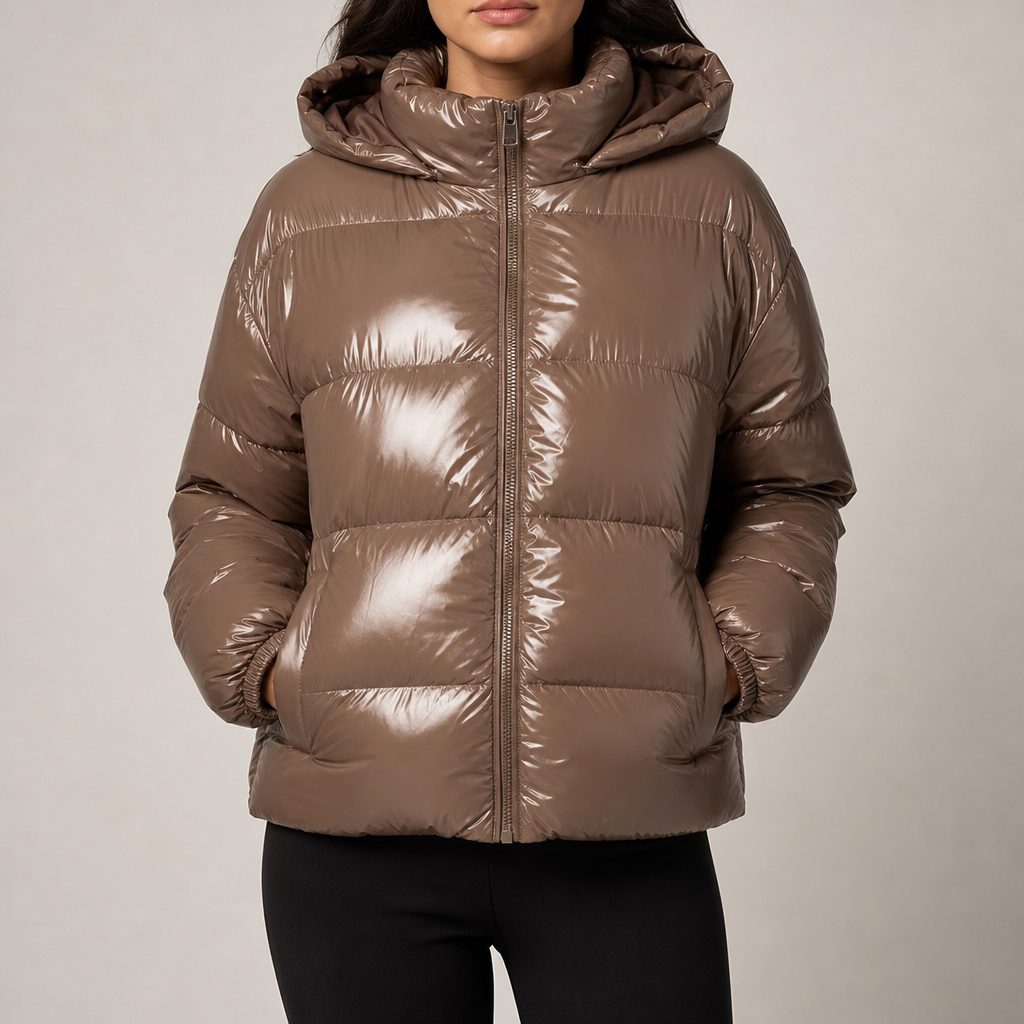 Women's glossy quilted puffer jacket with hood and stand collar in mocha – front view