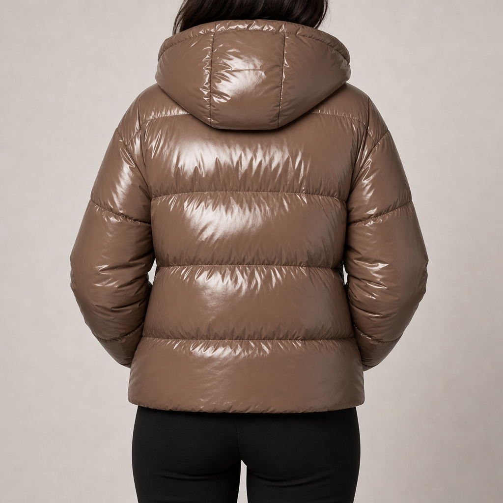 Women's glossy quilted puffer jacket with hood and stand collar in mocha – back view