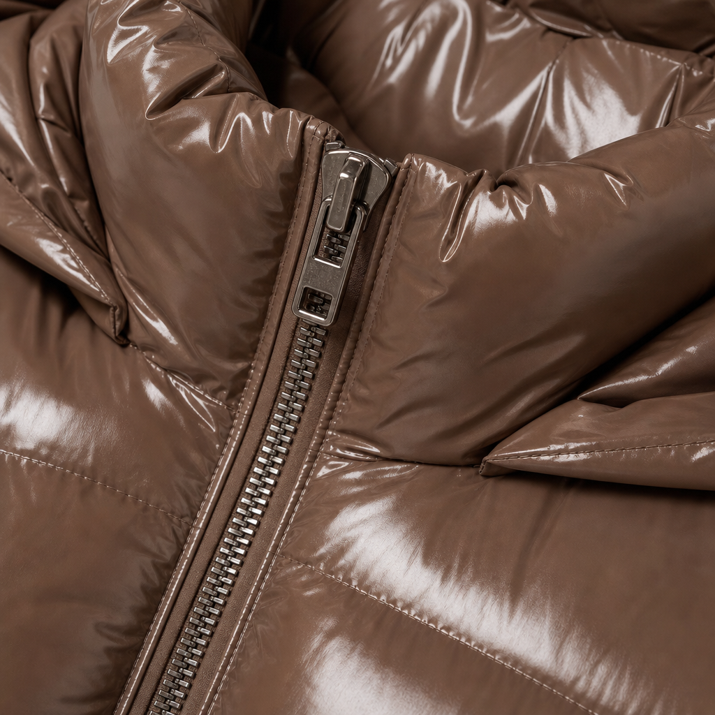 Women's glossy quilted puffer jacket with hood and stand collar in mocha – detail close-up