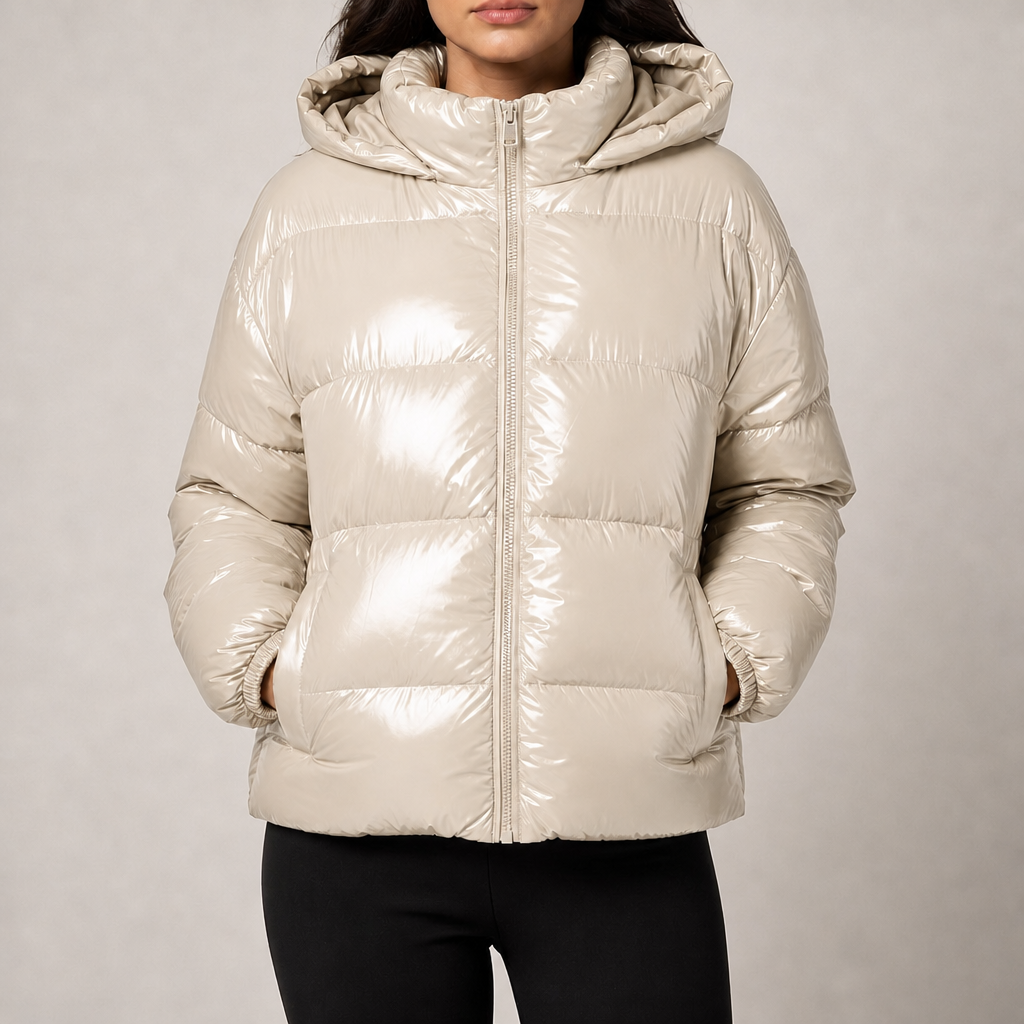 Women's glossy quilted puffer jacket with hood and stand collar in champagne – front view