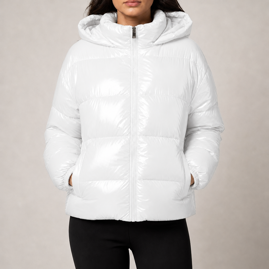 Women's glossy quilted puffer jacket with hood and stand collar in white – front view