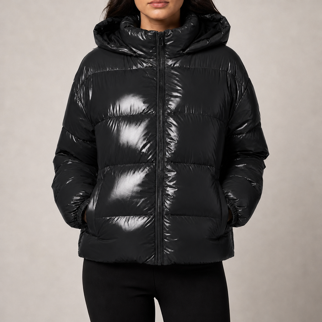Women's glossy quilted puffer jacket with hood and stand collar in black – front view